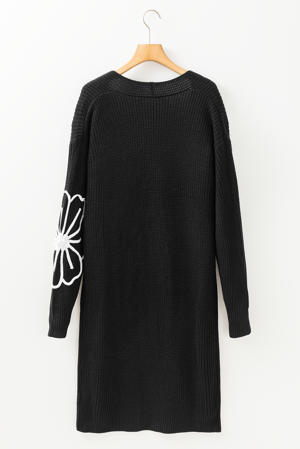 Black Flower Embroidered Drop Shoulder Open Front Duster Cardigan - loveforevers