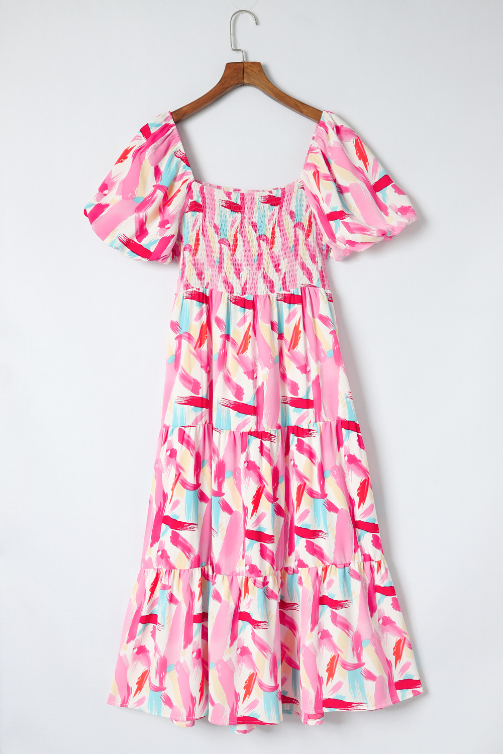 Pink Brush Stroke Printed Smocked Ruffle Tiered Dress - loveforevers