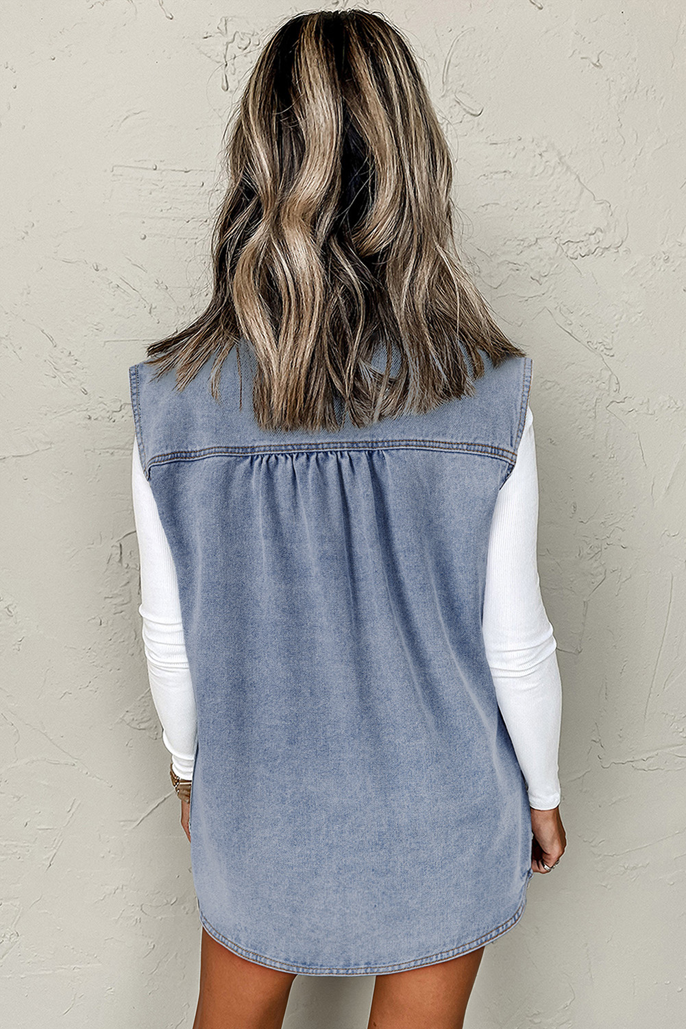 Beau Blue Denim Flap Pocket Curved Hem Shirt Vest - loveforevers