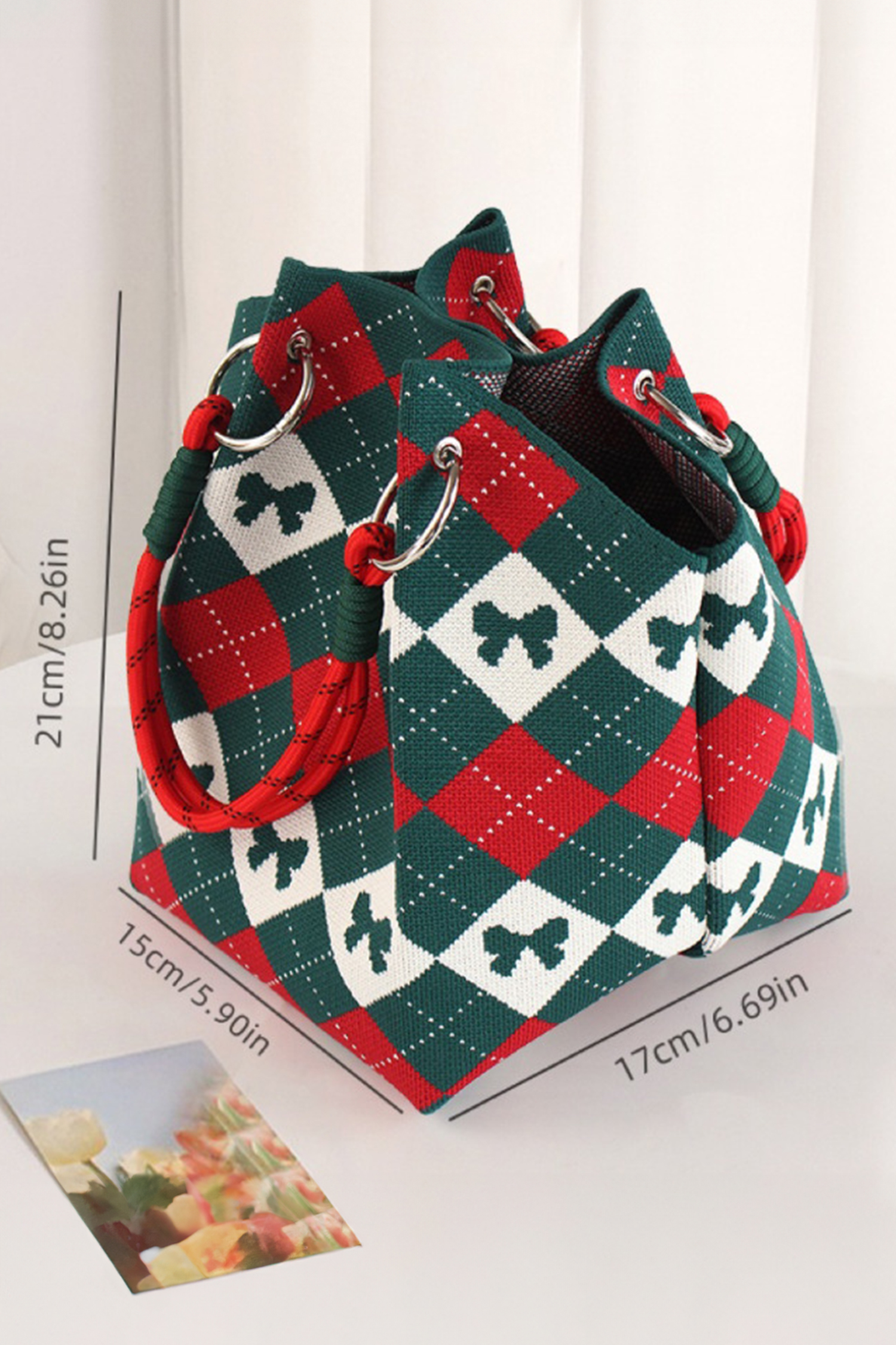 Fiery Red Retro Argyle Bow Printed Fashion Knit Bucket Bag - loveforevers