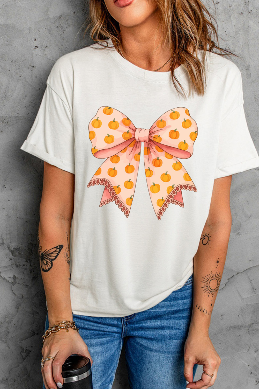White Pumpkin Bow Print Thanksgiving T Shirt - loveforevers