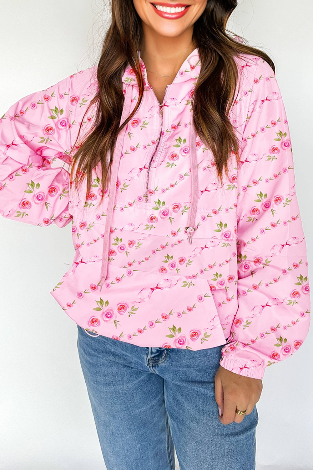 Pink Floral Print Half Zip Kangaroo Pouch Drawstring Hoodie - loveforevers