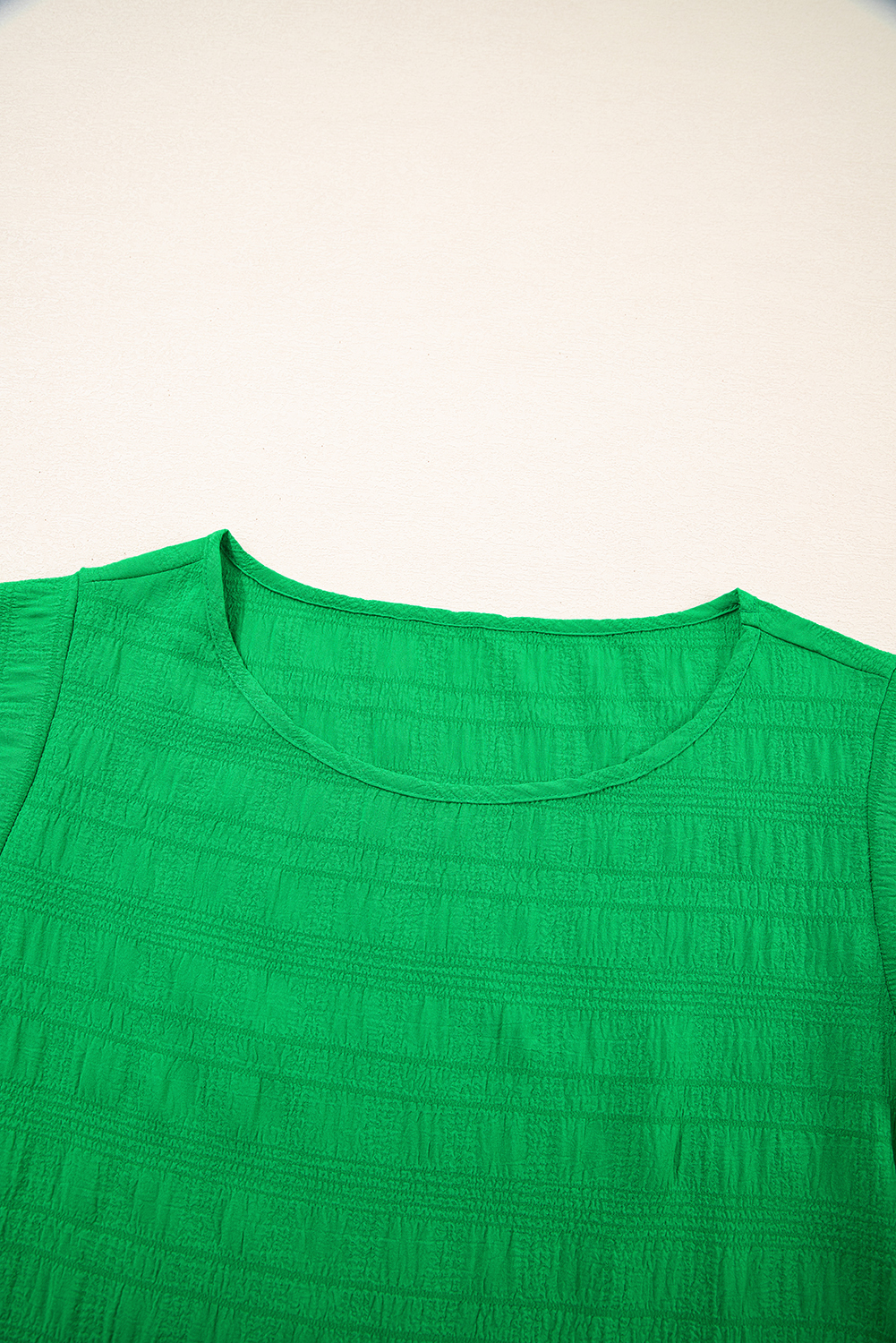 Dark Green Textured Ruffled Sleeve Round Neck Top - loveforevers