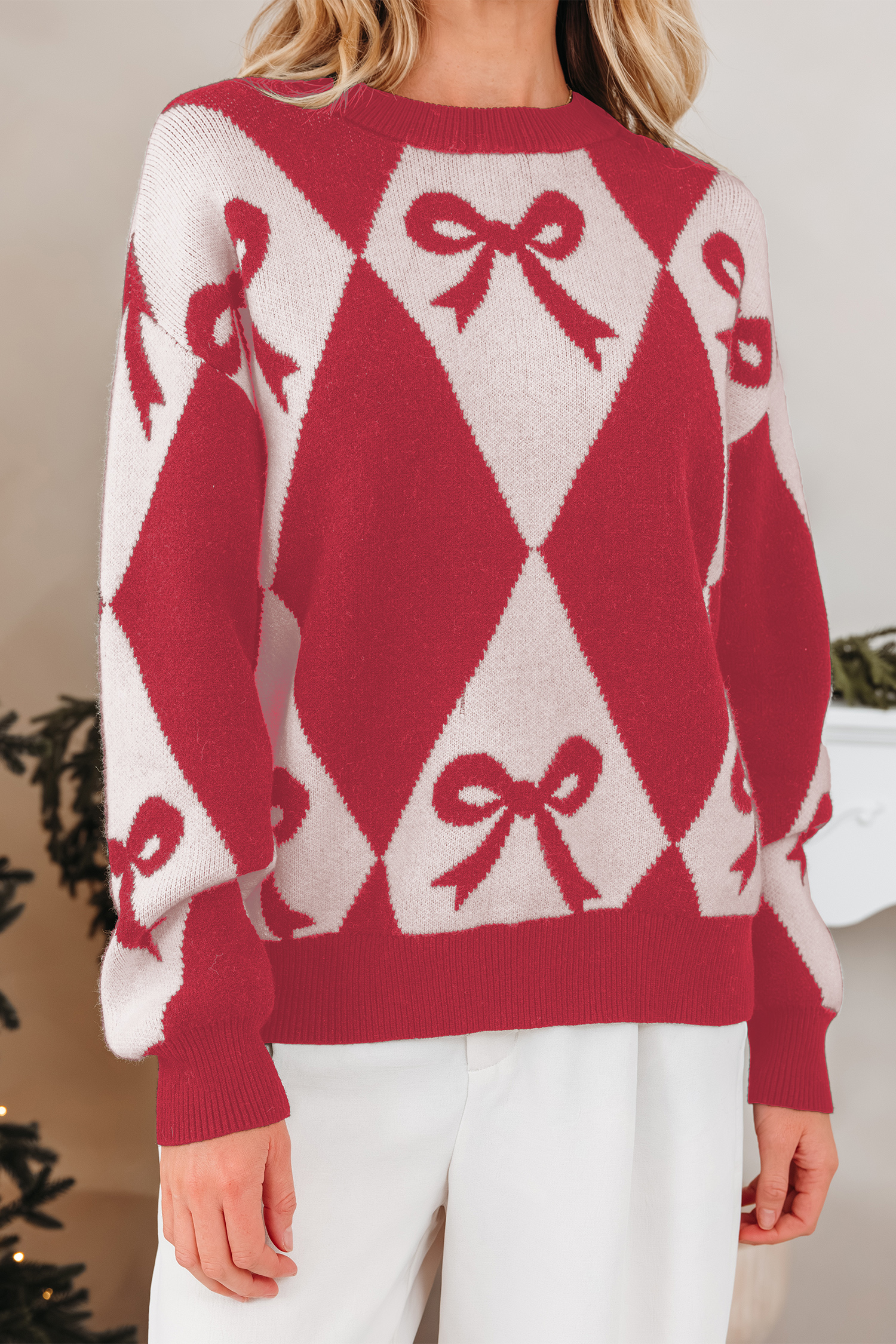 Black Bow Print 2-tone Rhombus Knit Loose Sweater - loveforevers