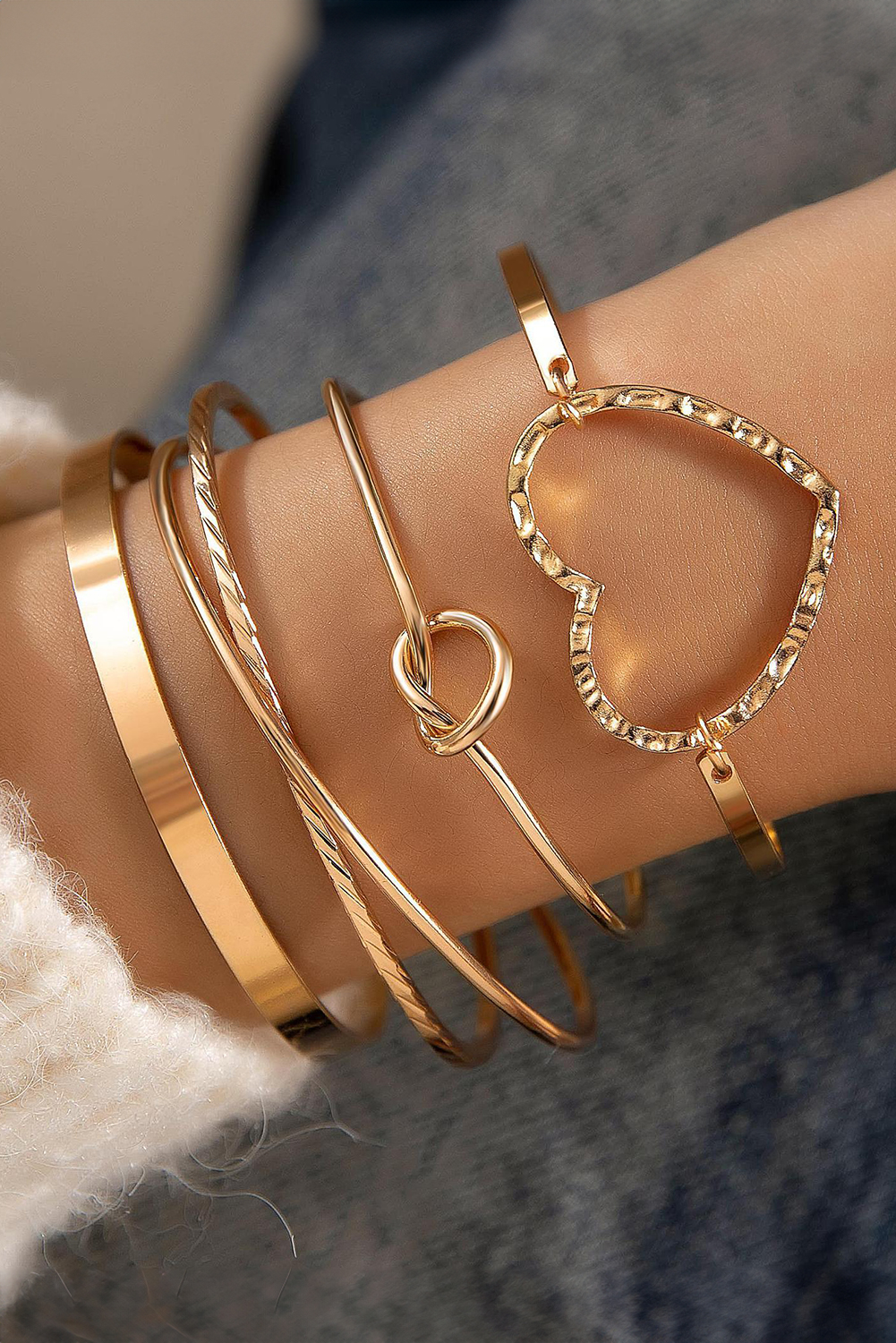 Gold Heart Knot Plated Multi Layer Open Cuff Bracelet Set - loveforevers