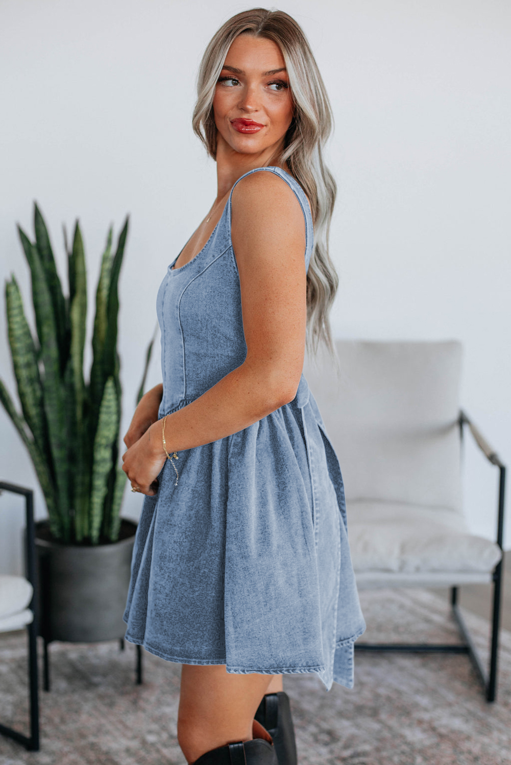 Myosotis Square Neck Bowknot A-line Sleeveless Denim Dress - loveforevers