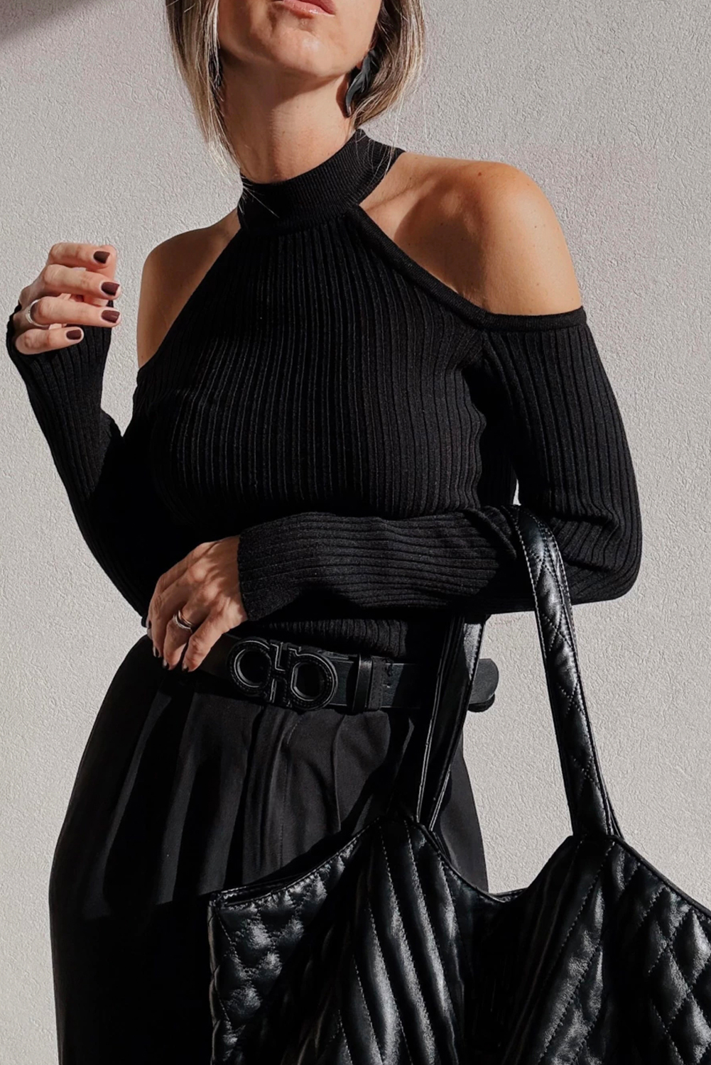 Black Ribbed Knit Cold Shoulder Choker Neck Sweater - loveforevers