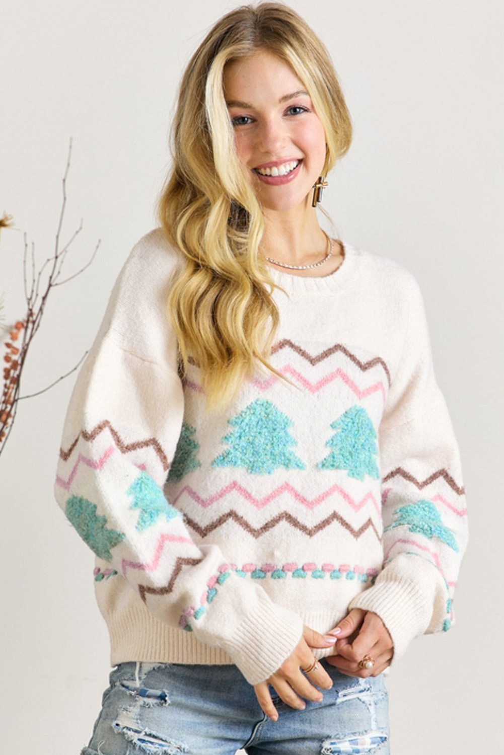 White Striped Christmas Tree Ribbed Trim Drop Shoulder Sweater - loveforevers