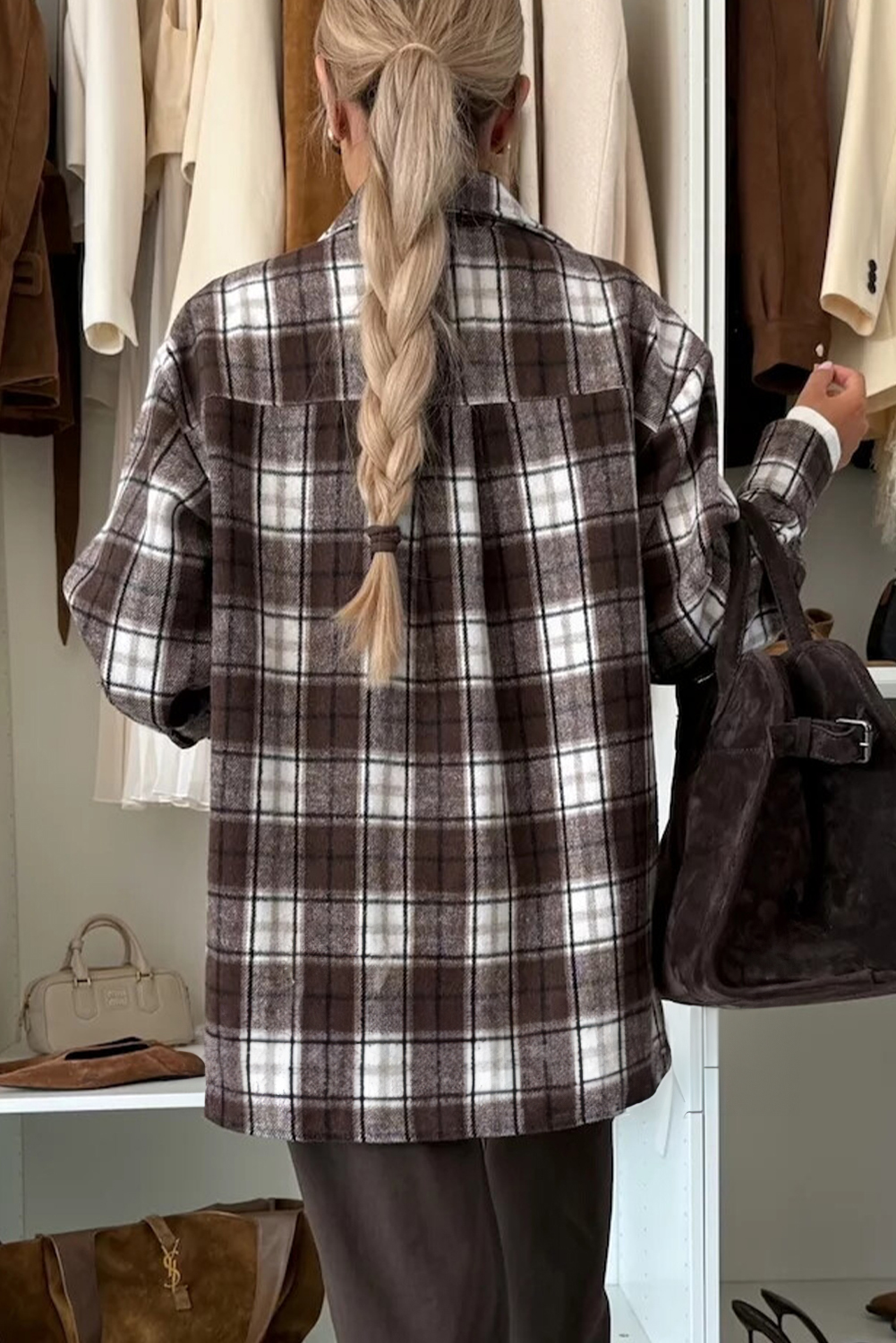 Dark Brown Flanel Plaid Single Chest Pocket Boyfriend Shacket - loveforevers