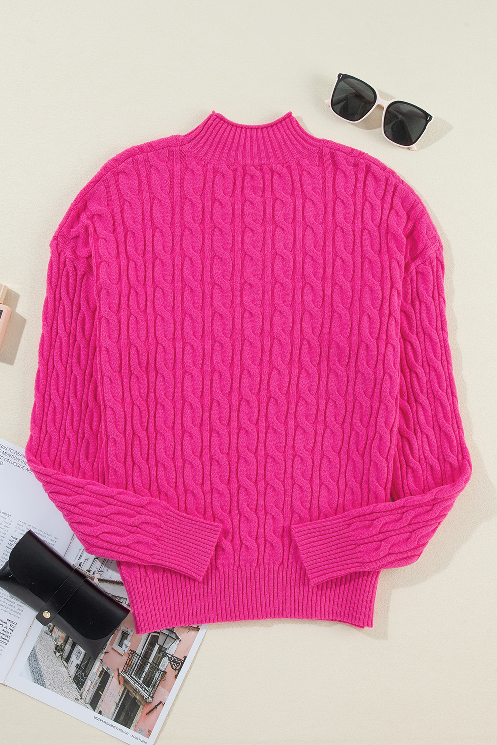 Rose Red Solid Cable Knit High Neck Drop Shoulder Sweater - loveforevers