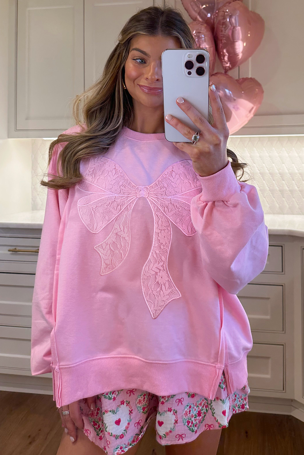 Bonbon Lace Insert Bow Embroidered Exposed Seam Sweatshirt - loveforevers
