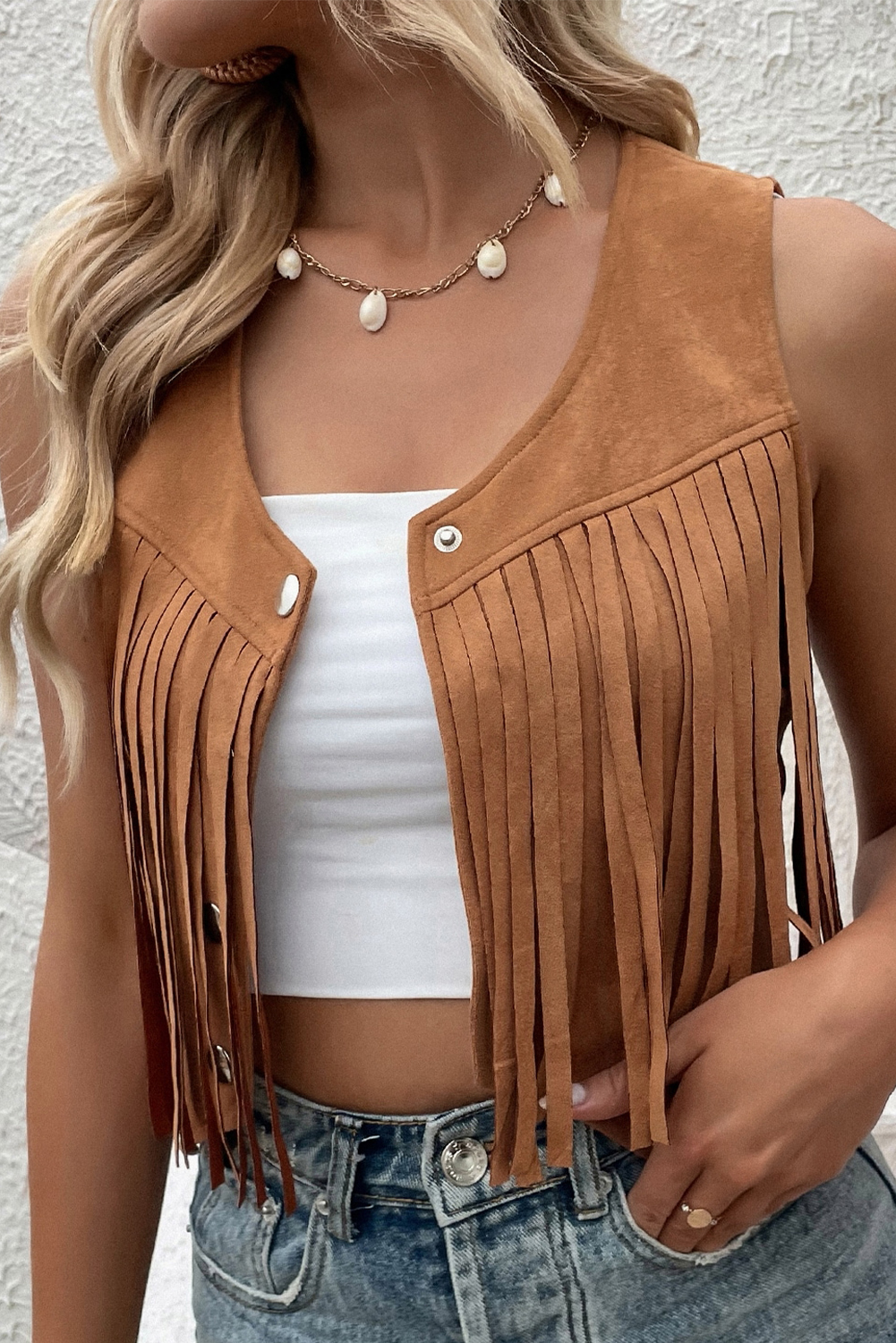 Camel Fringed Snap Button Front Suedette Vest - loveforevers