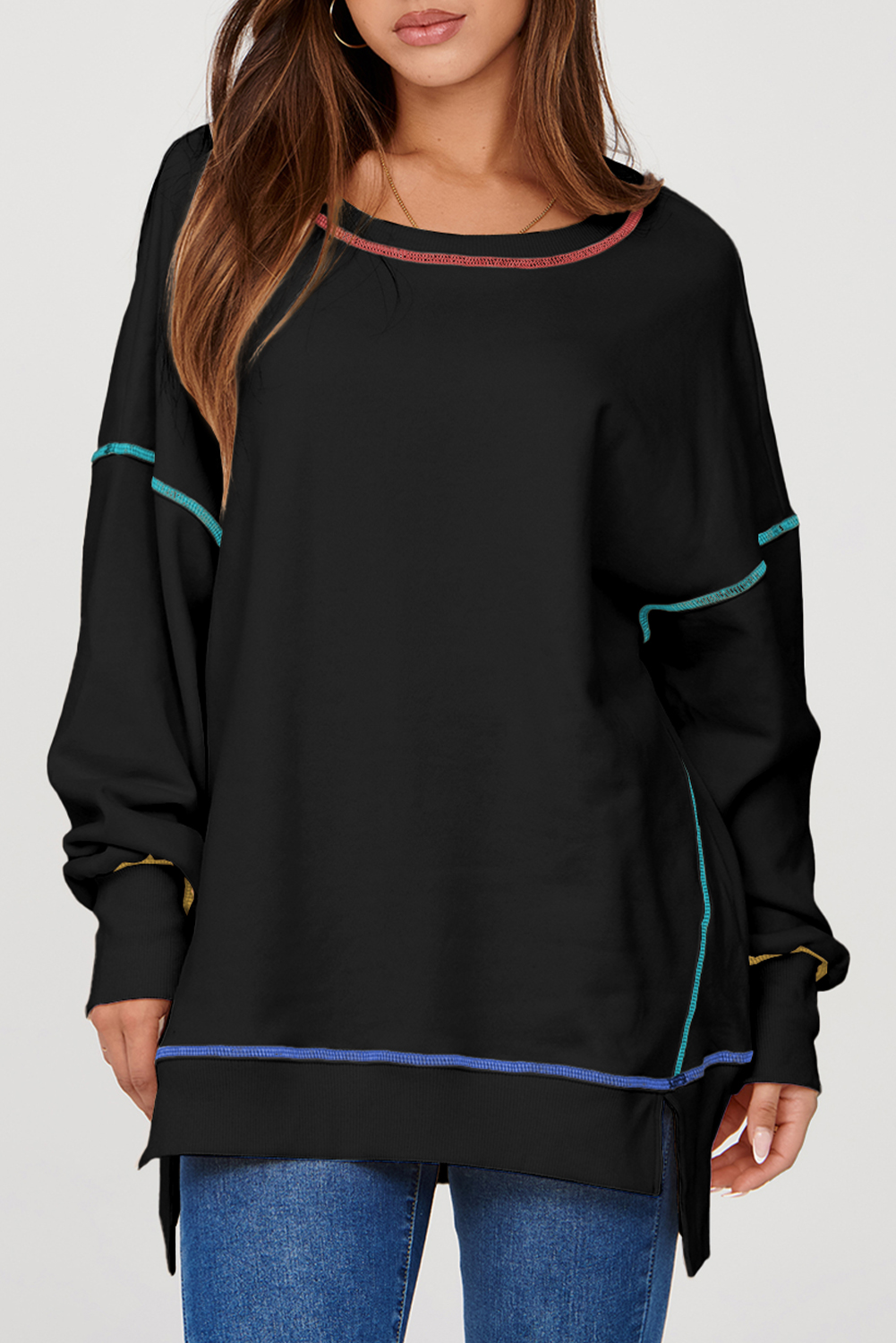 Contrast Stitching Split Baggy Sweatshirt - loveforevers