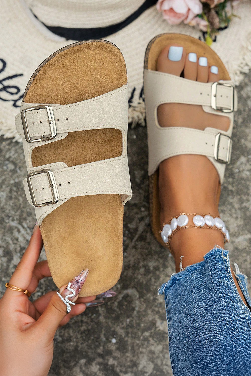 Coffee Geometric Print Cut Out Buckle PU Leather Flat Slippers - loveforevers