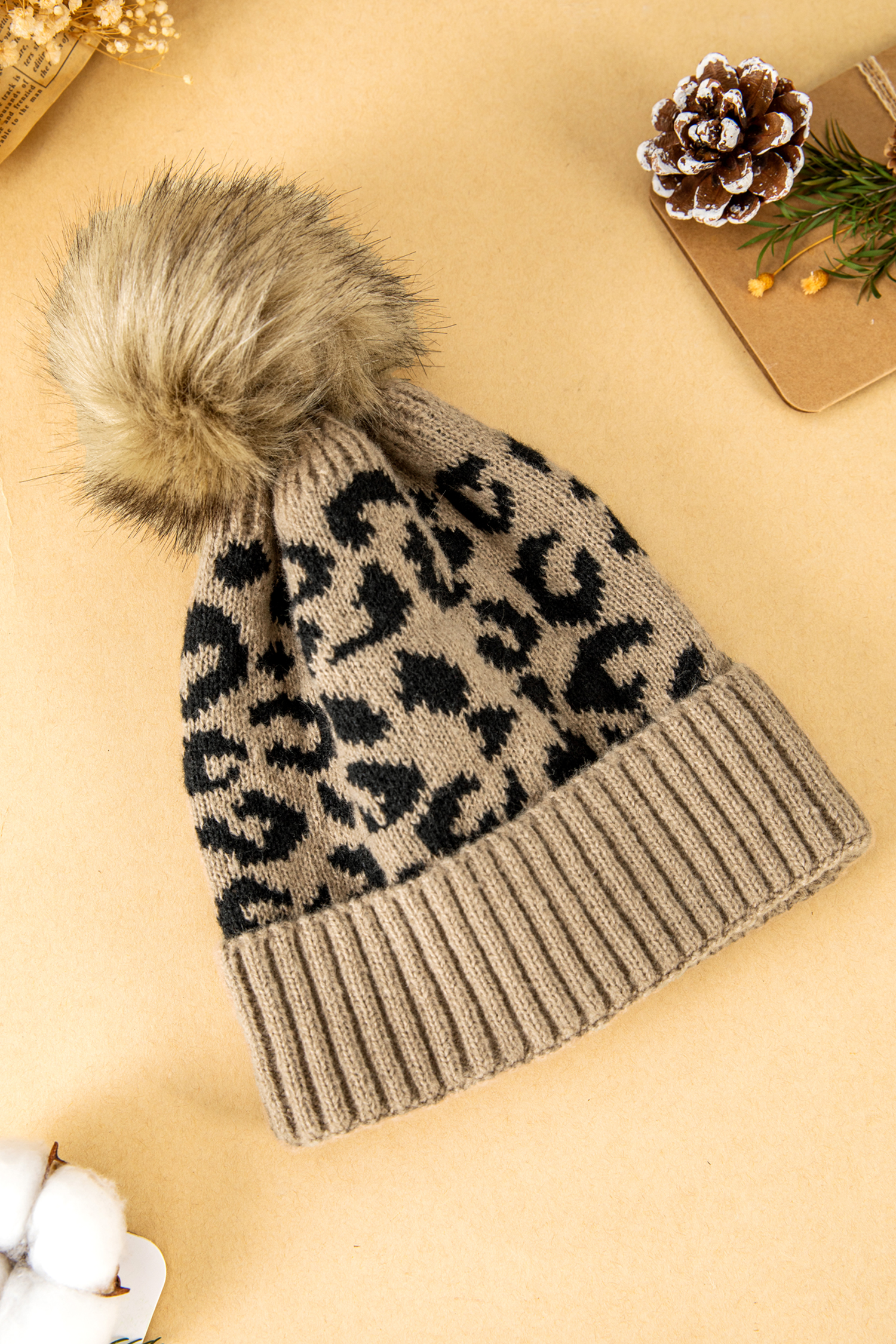 Light French Beige Faux Fur Pompom Leopard Knit Beanie - loveforevers