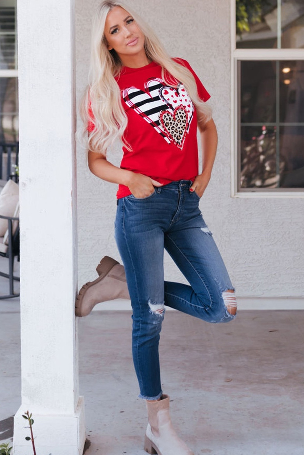 Red Leopard Striped Heart Shaped Print Crew Neck T Shirt - loveforevers