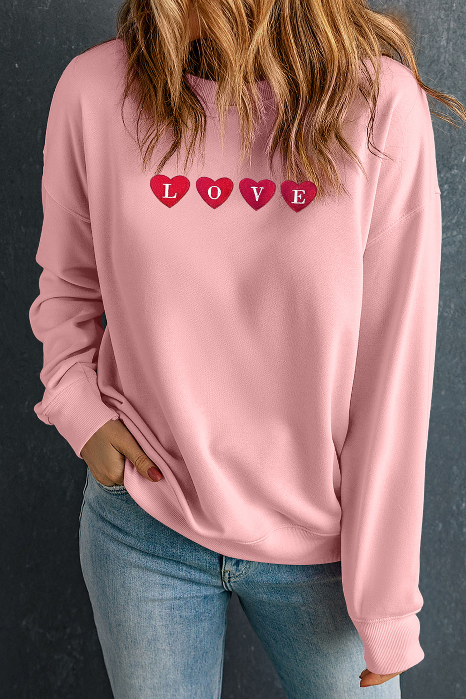 Pink LOVE In Hearts Embroidered Graphic Sweatshirt - loveforevers