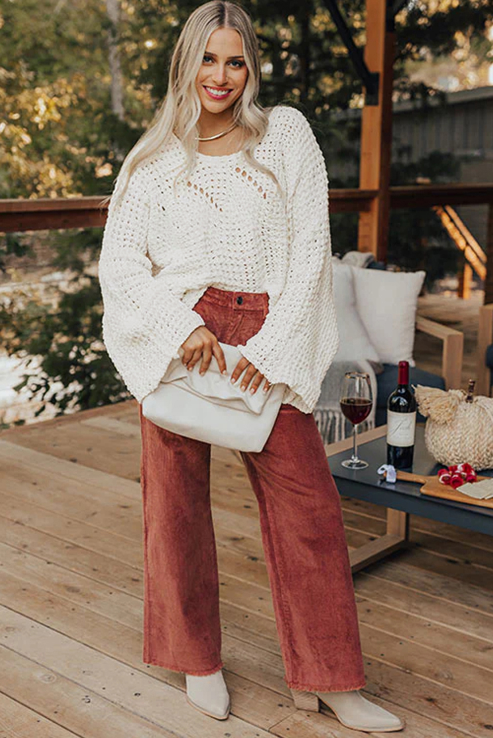 Camel Hollowed Detail Wide Sleeve Loose Pullover Sweater - loveforevers