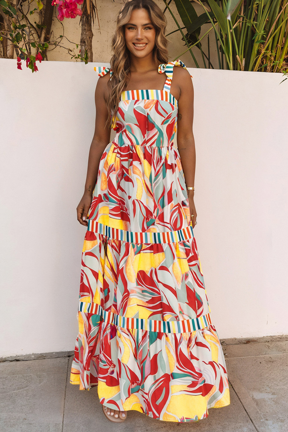 Sky Blue Abstract Print Striped Detail Knot Strap Maxi Dress - loveforevers