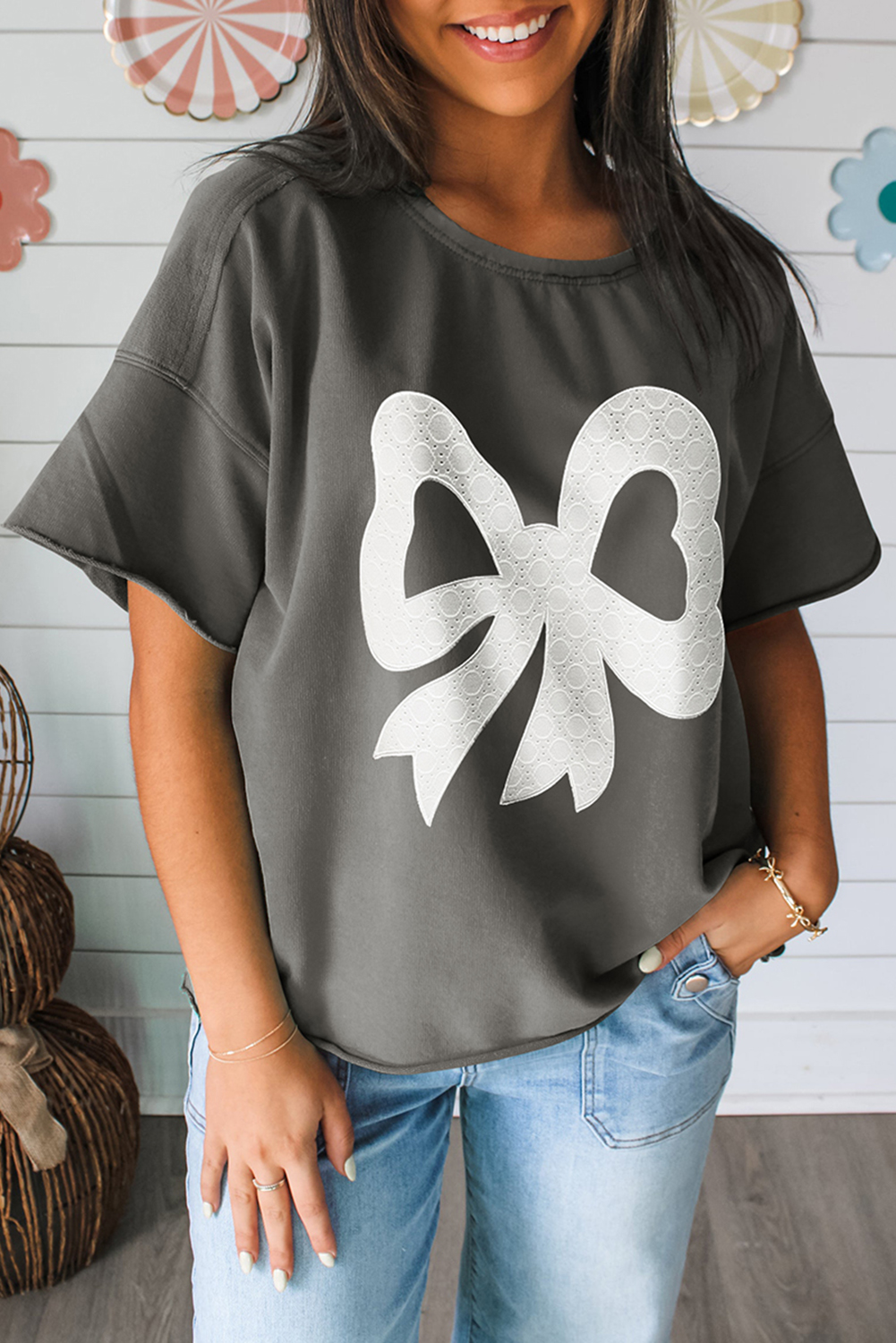 Medium Grey Lace Bow Raw Edge Drop Shoulder Casual T Shirt - loveforevers