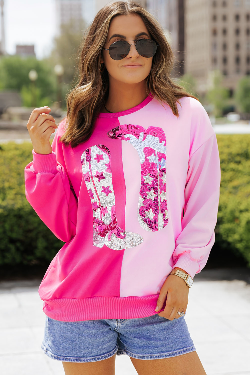 Pink Color Block Sequined Cowgirl Boots Graphic Sweatshirt - loveforevers