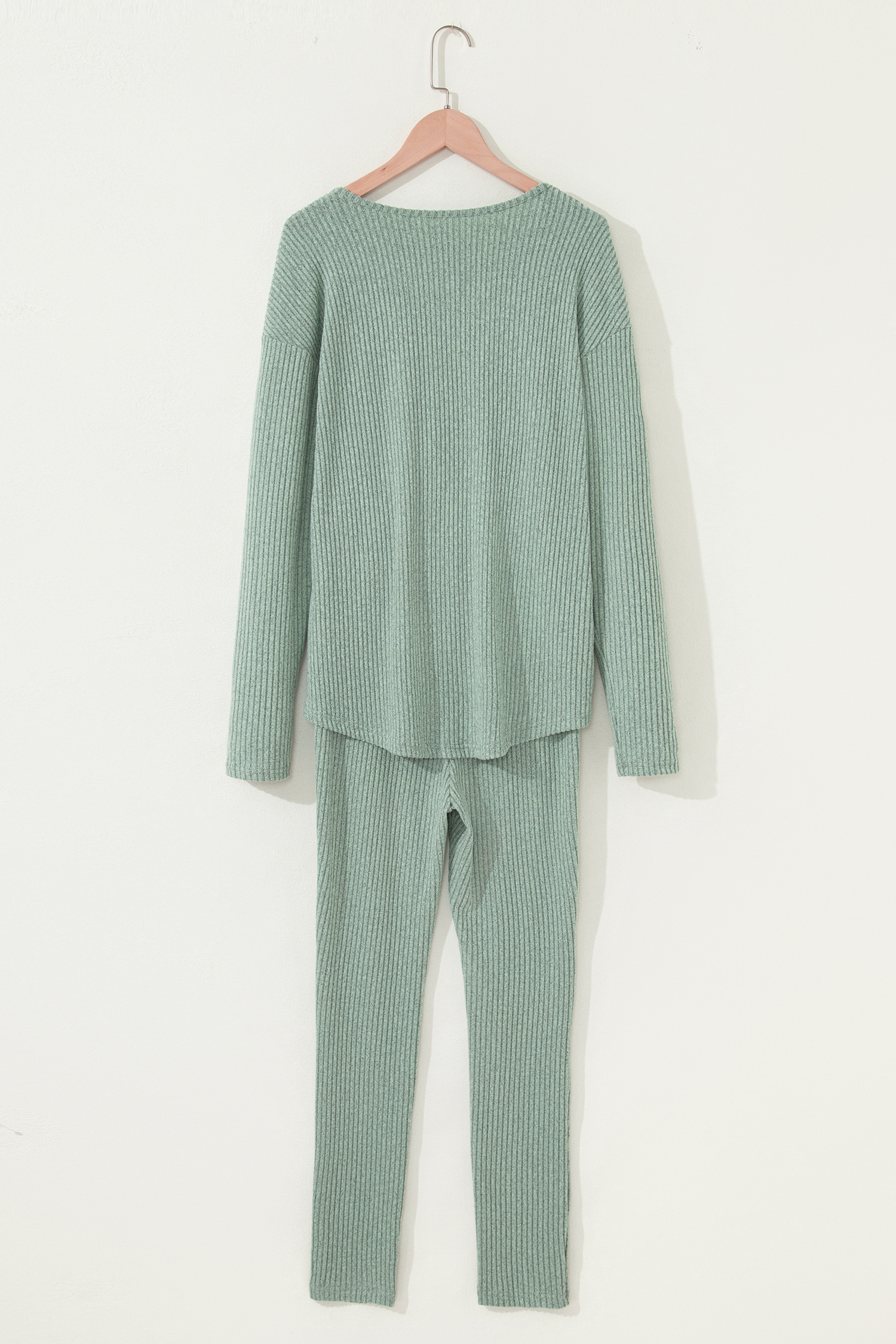 Black Ribbed Notched Neck Knit Long Sleeve Leggings Two Pieces Lounge Set - loveforevers