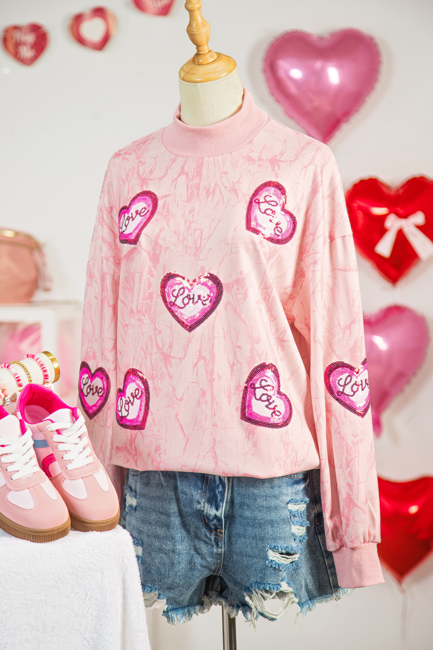 Pink Tie Dye Camo Sequin Love Heart Patched Mock Neck Sweatshirt - loveforevers
