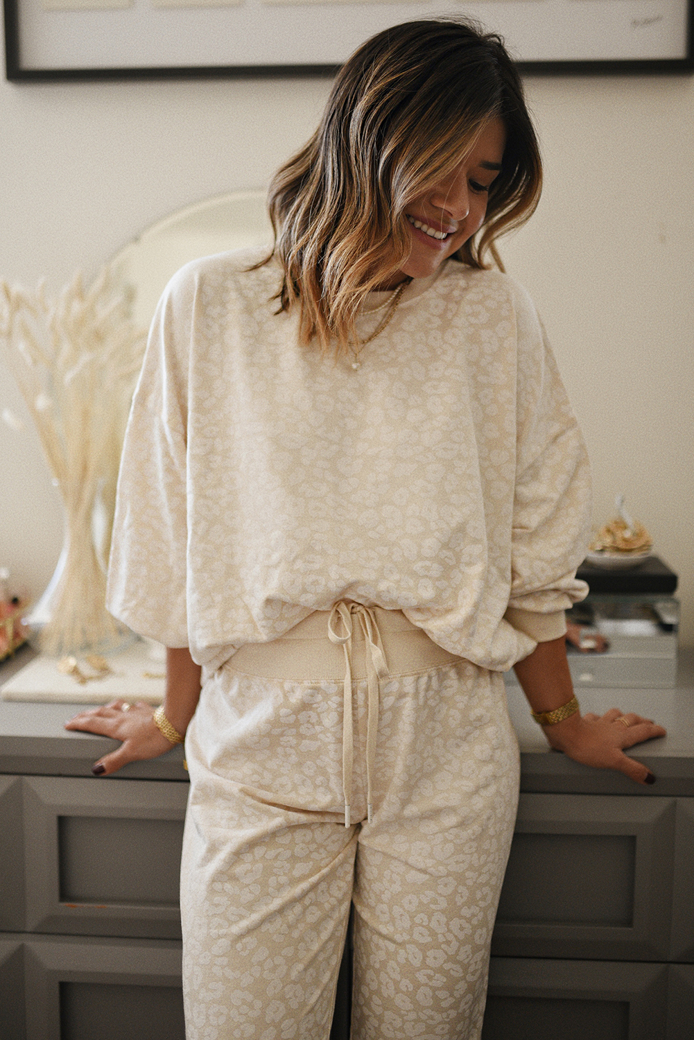 White Cheetah Print Two Piece Loose Fit Cozy Loungewear - loveforevers