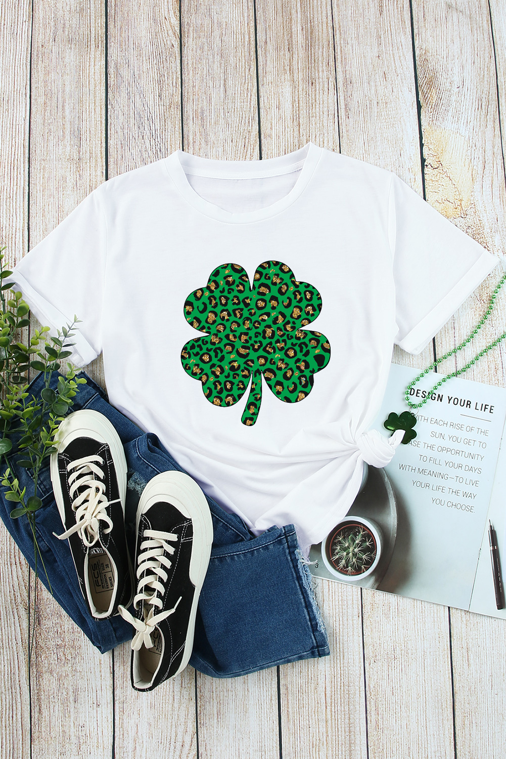 Black St. Patricks Lucky Clover Print O Neck T Shirt - loveforevers