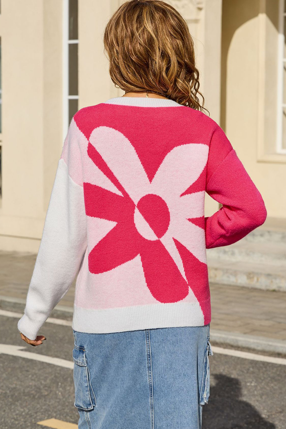 Black 2-tone Contrast Flower Pattern Drop Shoulder Bulk Sweater - loveforevers