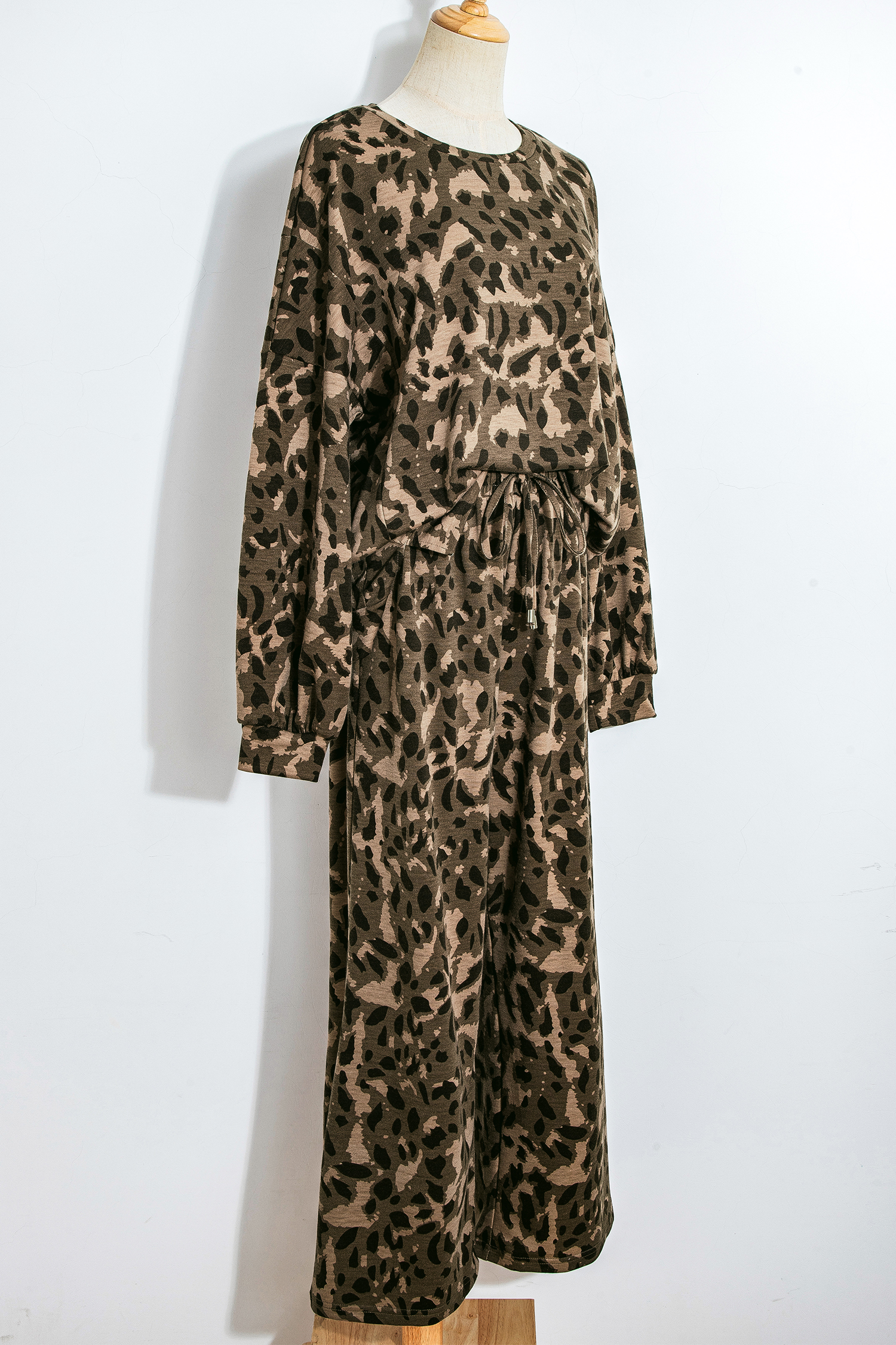 Brown Leopard Loose Tee Drawstring Waist Barrel Pants Set - loveforevers