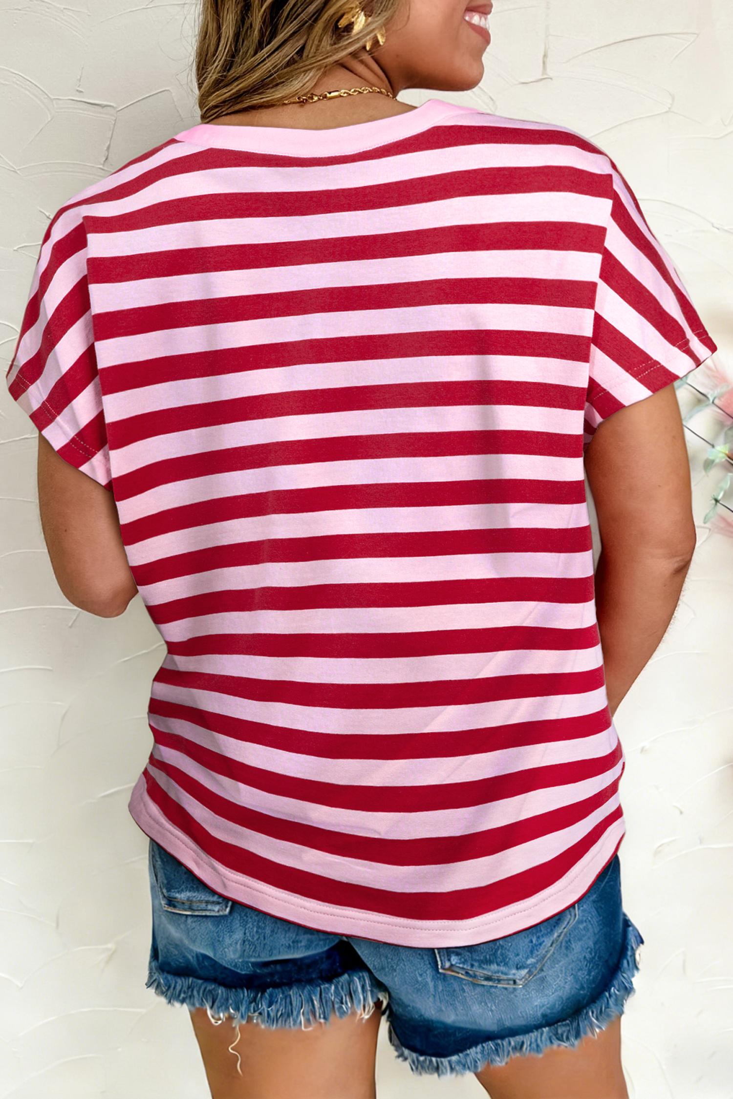 Pink Stripe Split V Neck Casual T Shirt - loveforevers