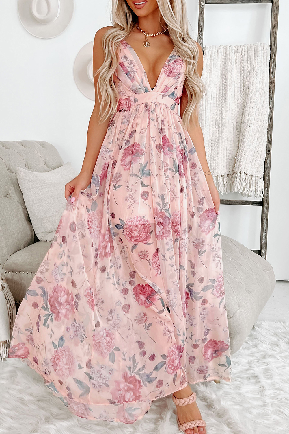 Pink Floral Pleated Bust Deep V Empire Waist Backless Maxi Dress - loveforevers