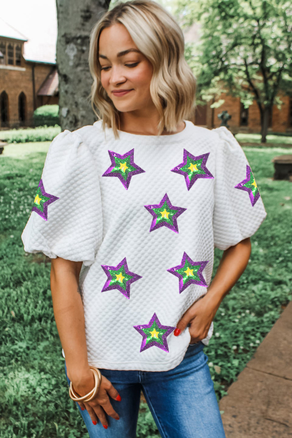 White Textured Sequin Mardi Gras Star Graphic Puff Sleeve Blouse - loveforevers