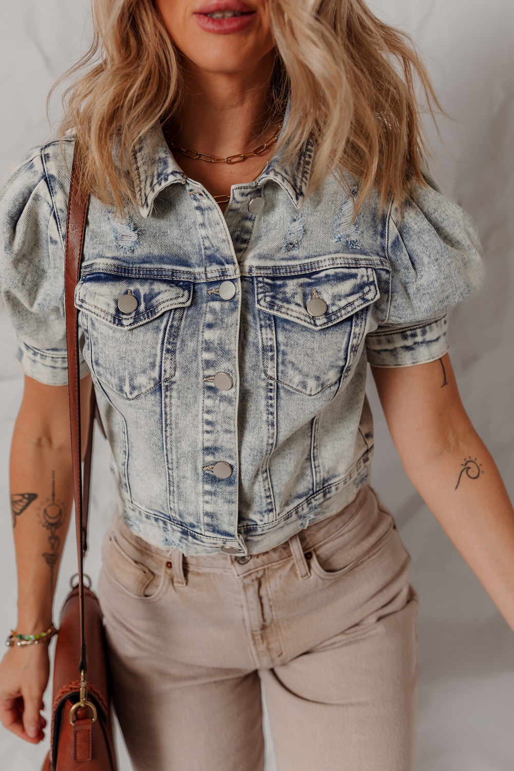 Beau Blue Light Wash Buttoned Chest Pocket Puff Sleeve Denim Jacket - loveforevers
