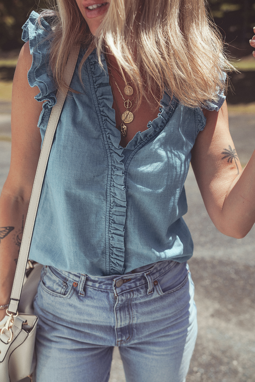 Beau Blue Frilly Ruffle Trim V Neck Chambray Tank Top - loveforevers