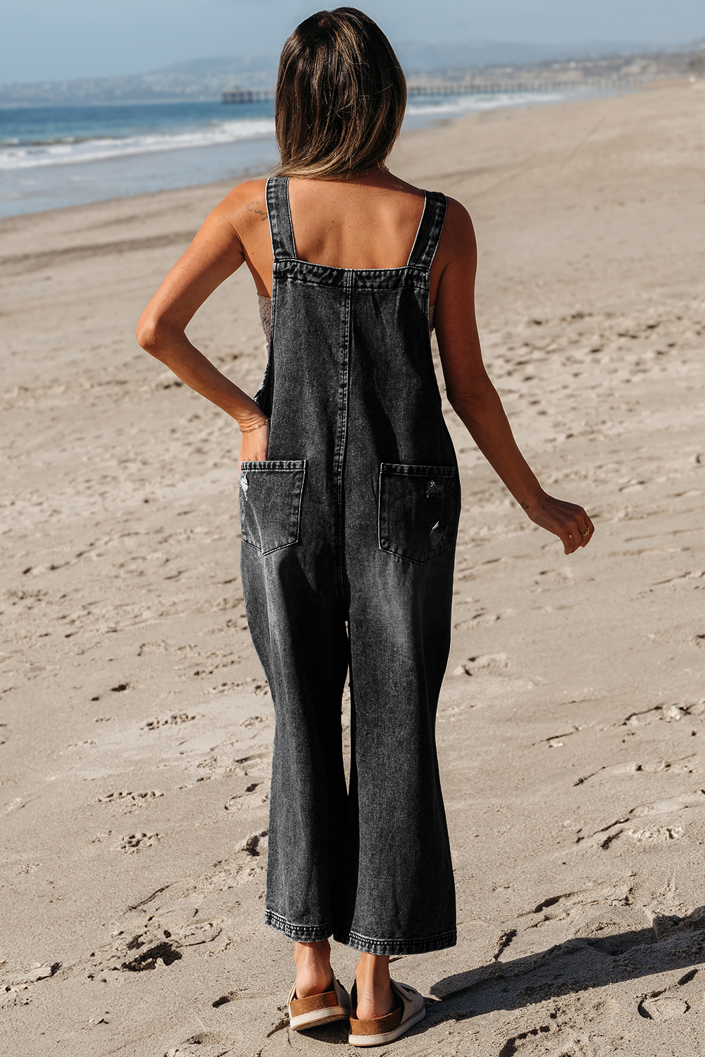 Stone Blue Distressed Bib Pocket Wide Leg Denim Overall - loveforevers