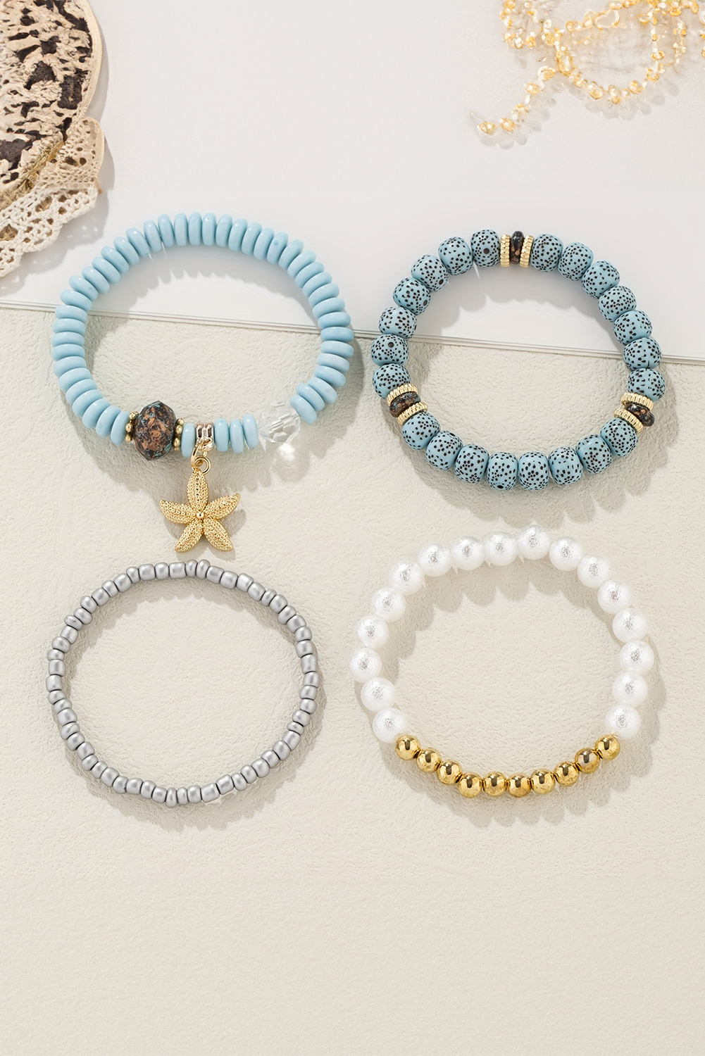 Light Blue 4pcs Starfish Pendant Beaded Bracelet Set - loveforevers