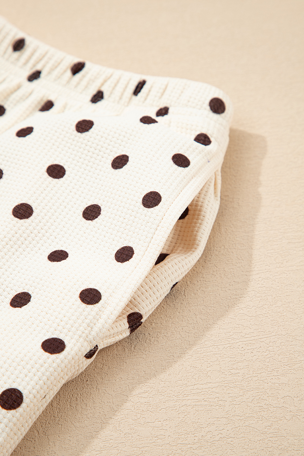White Polka Dot Print Notched Neck Long Sleeve Top Drawstring Jogger Pants Waffle Knit Lounge Set - loveforevers