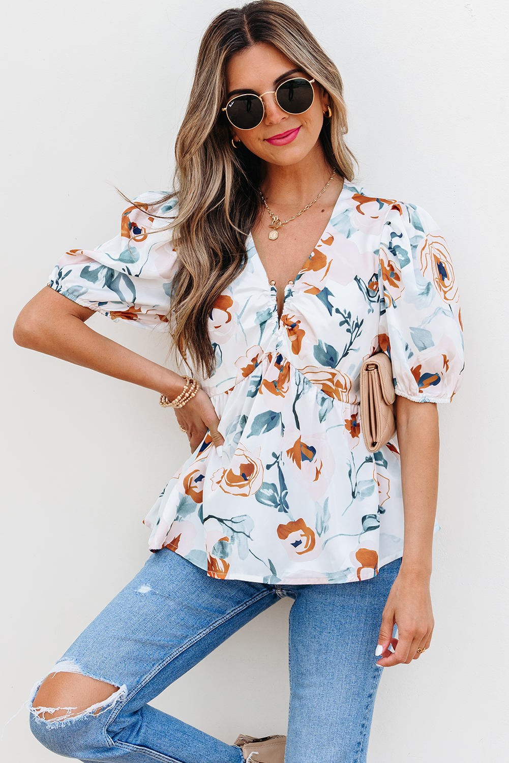 Green Floral Print Puff Sleeve V Neck Babydoll Blouse - loveforevers
