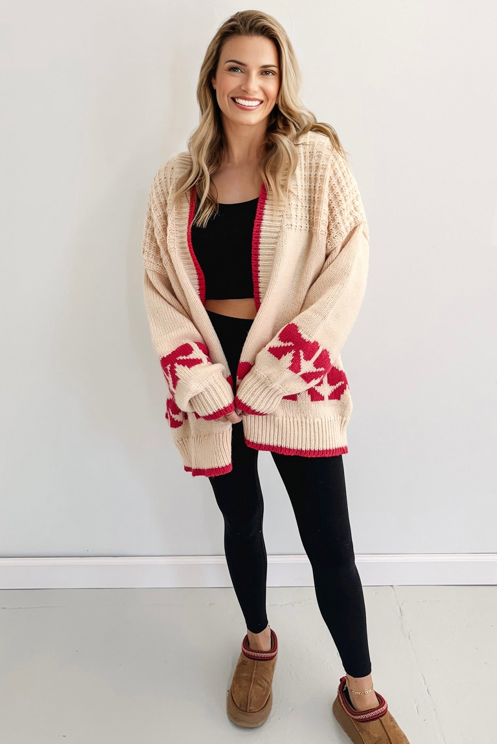 Apricot Bow Pattern Textured Open Front Baggy Cardigan - loveforevers