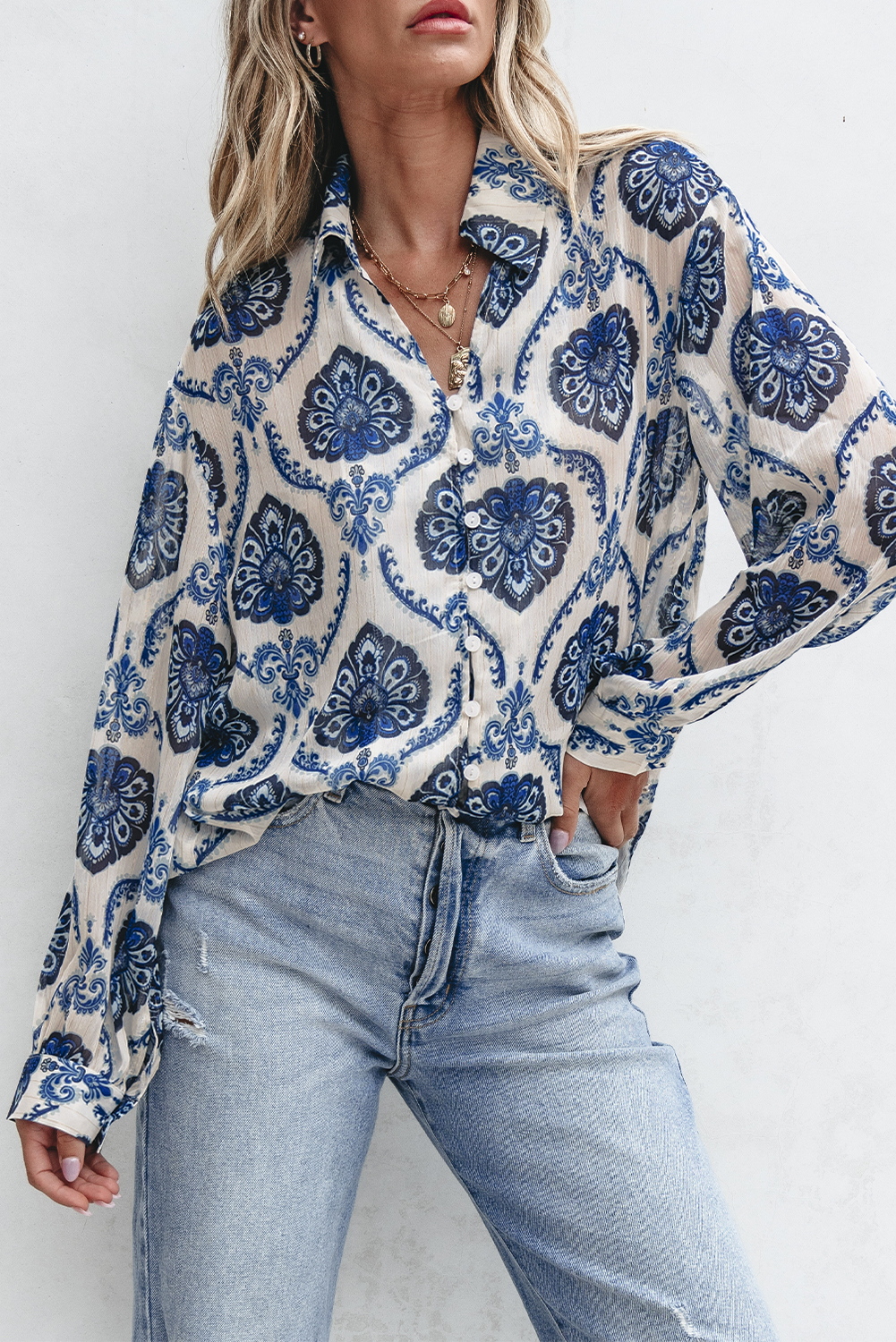 Blue Tribal Pattern Buttoned Front Loose Shirt - loveforevers
