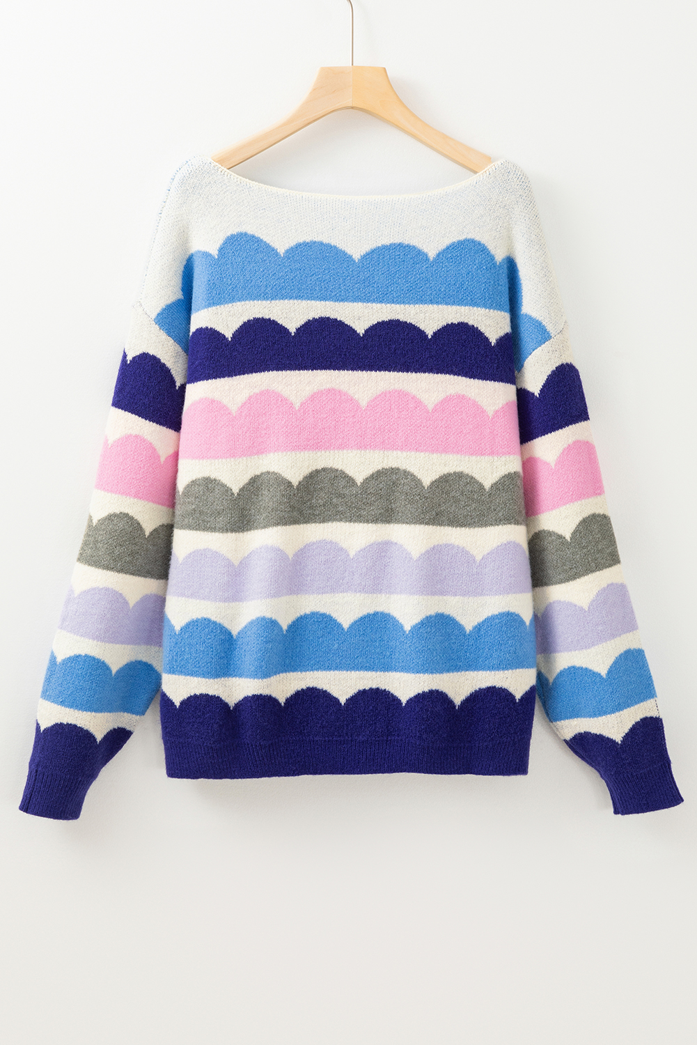 Rose Red Wave Striped Balloon Sleeve Drop Shoulder Sweater - loveforevers