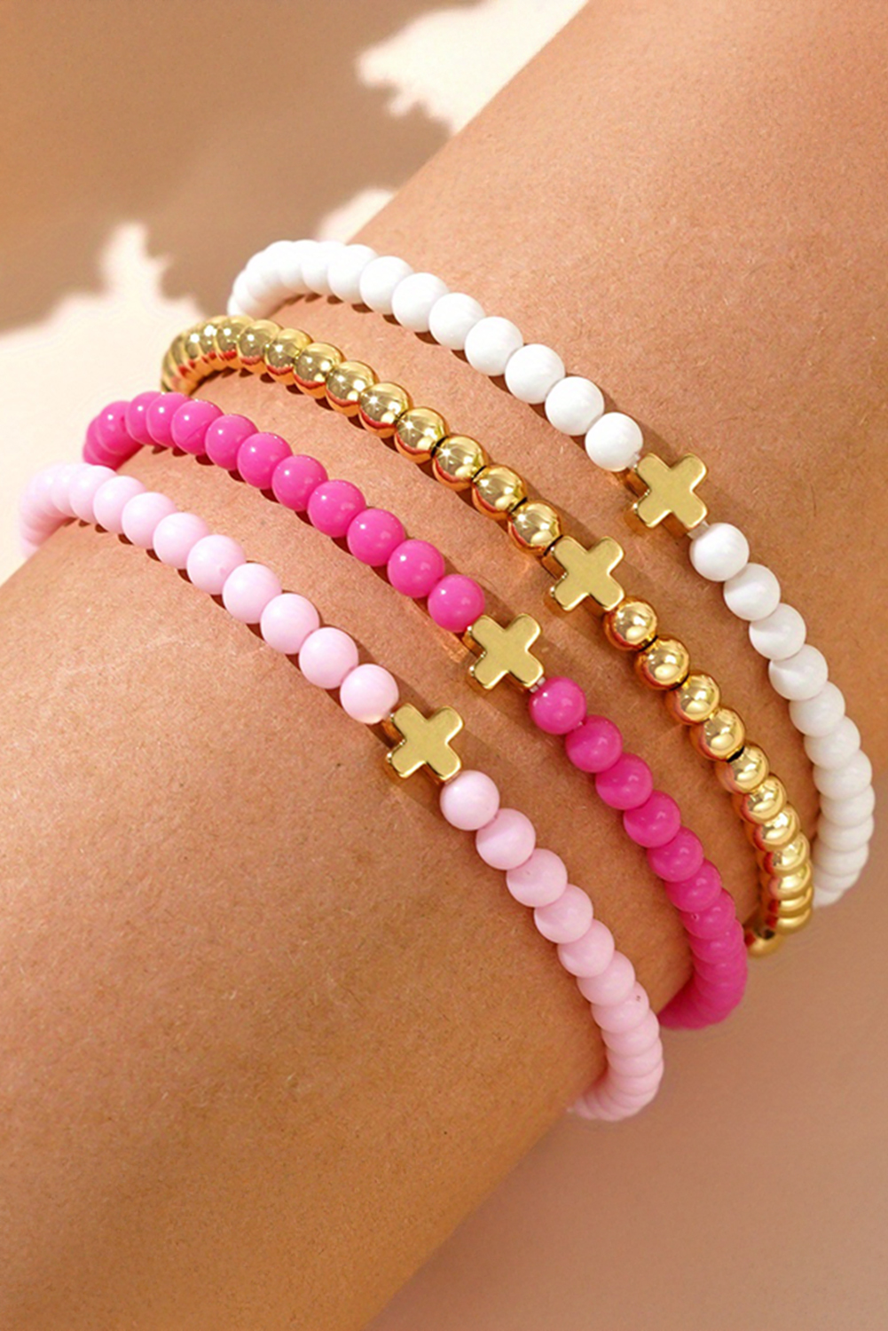 Gold Cross Beaded Multi Layered Elastic Bracelet Set - loveforevers