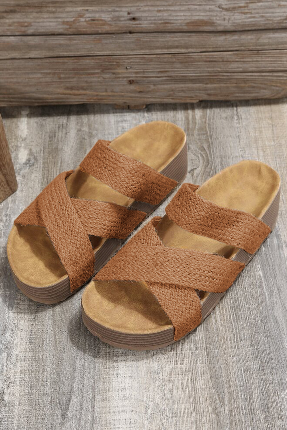 Brown Woven Cross Criss Hollowed Slip-On Slippers - loveforevers