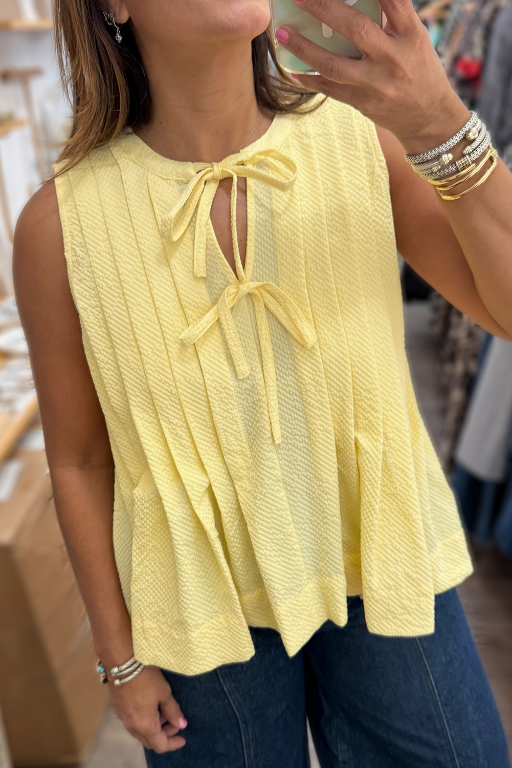 Yellow Cream Bow Tie Notched Neck Pleated Tank Top - loveforevers
