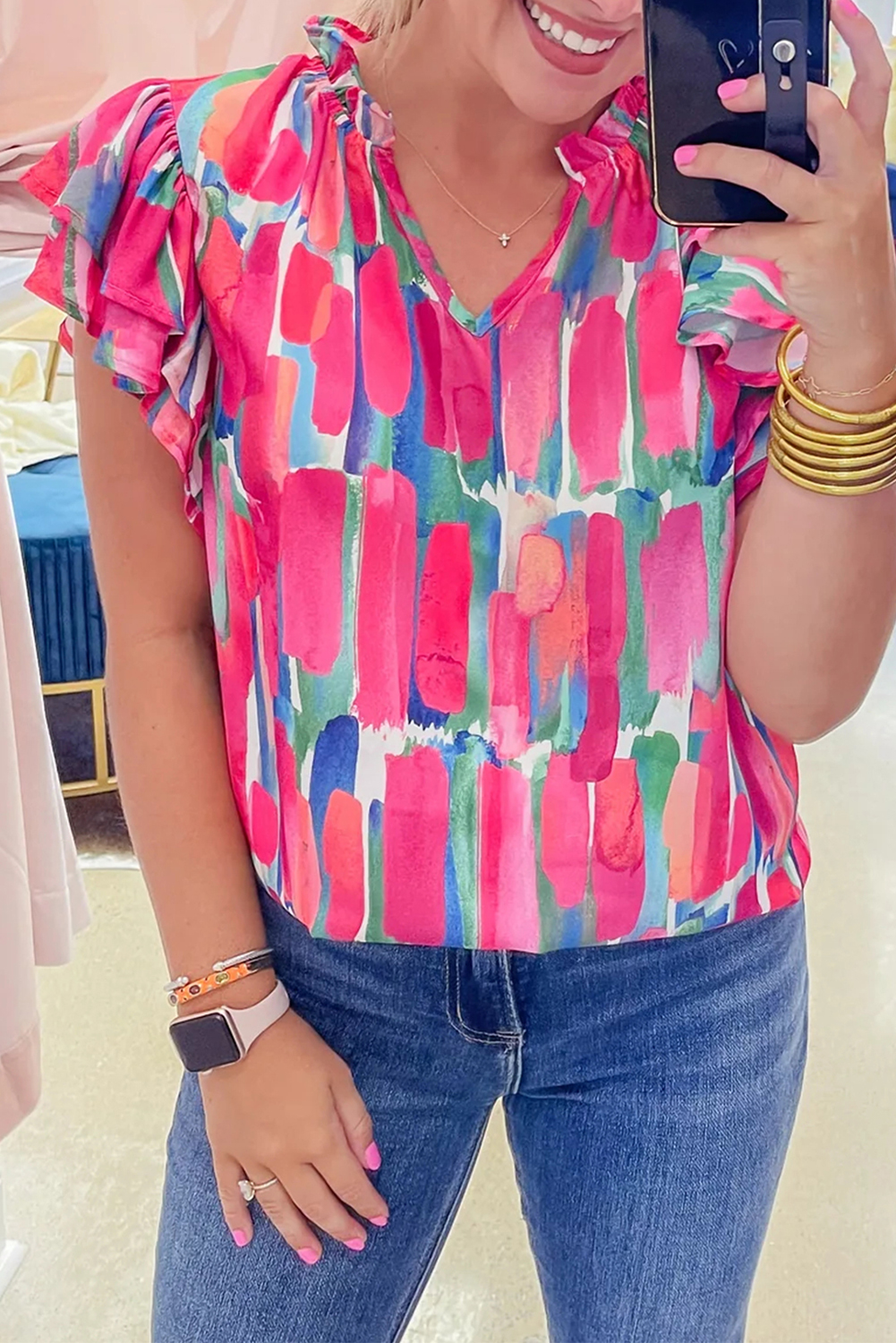 Rose Abstract Brush Print Ruffled Sleeve Frill V Neck Blouse - loveforevers