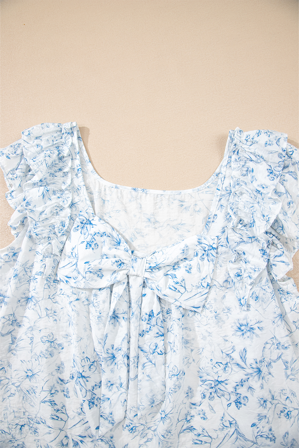 Beau Blue Textured Bow Knot Frilled Butterfly Sleeve Blouse - loveforevers
