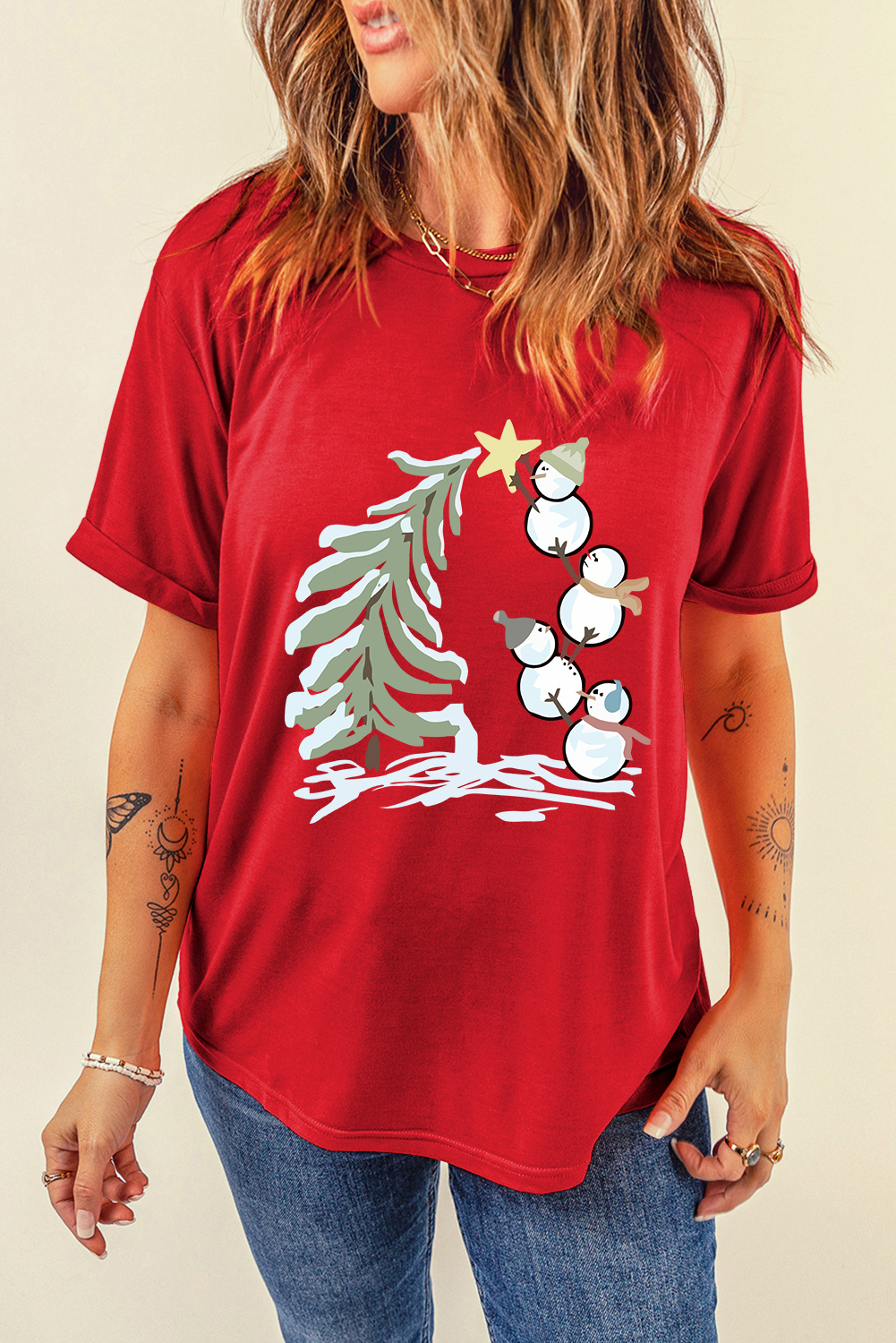 Red Christmas Tree Snowman Printed Crewneck T Shirt - loveforevers