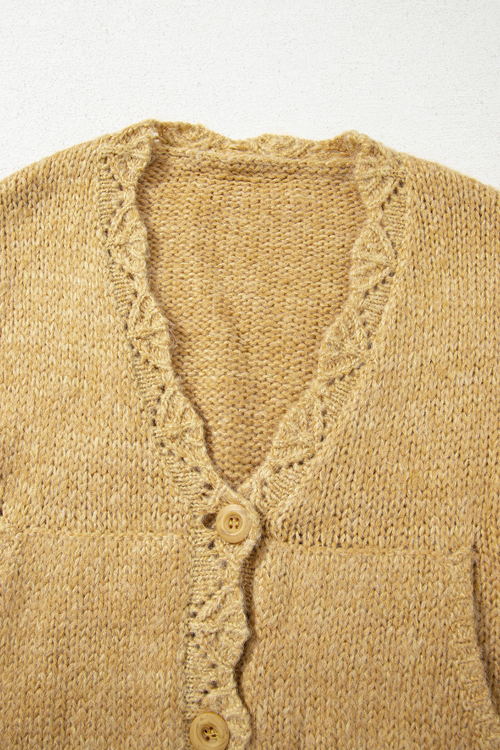 Light French Beige Lantern Sleeve Scallop V Neck Buttoned Front Cardigan - loveforevers